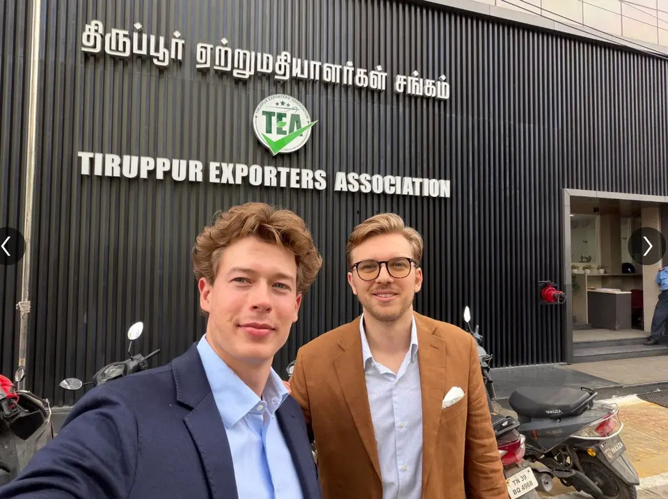 Luis and Jérôme outside the Tiruppur Exporters Association